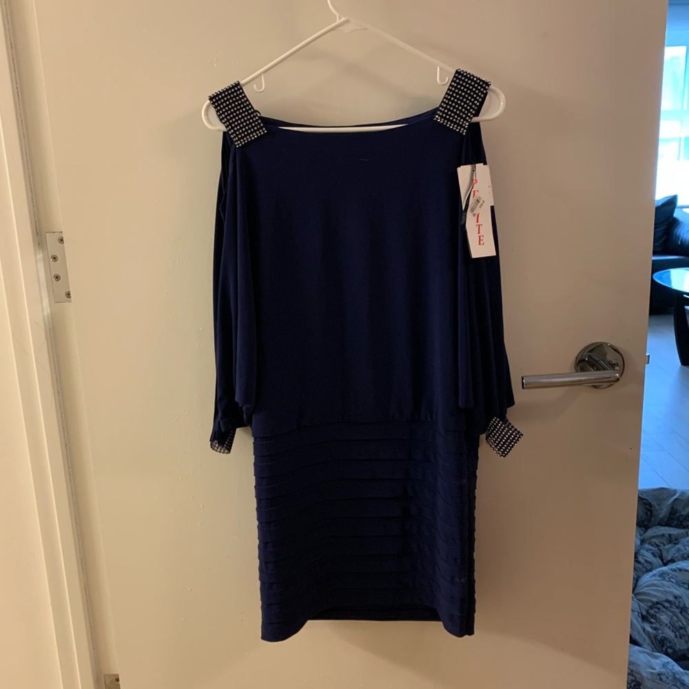 Cold shoulder dress w/ rhinestone accents